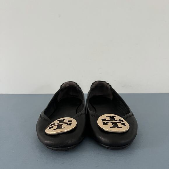 Tory Burch Minnie Black Leather Gold Logo Elastic Heel Ballet Flats - Picture 2 of 7